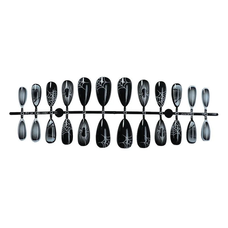 24PCS  Halloween False Nails Simple Dark Black Gradient with Spider Web Patterns French Fake Nails