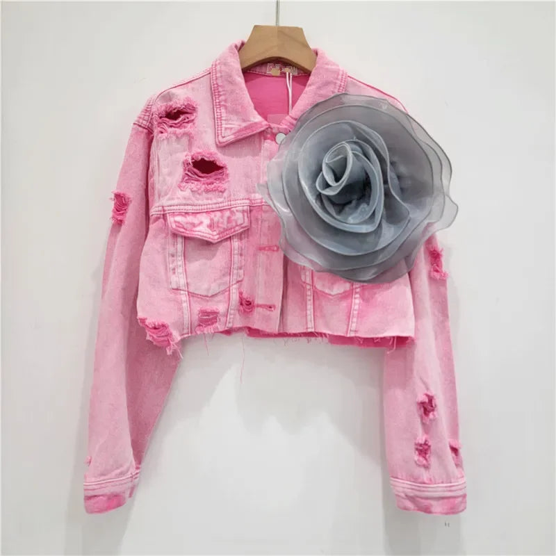 Ashana 3D Flower Washed Long Sleeve Single Breasted Denim Jacket