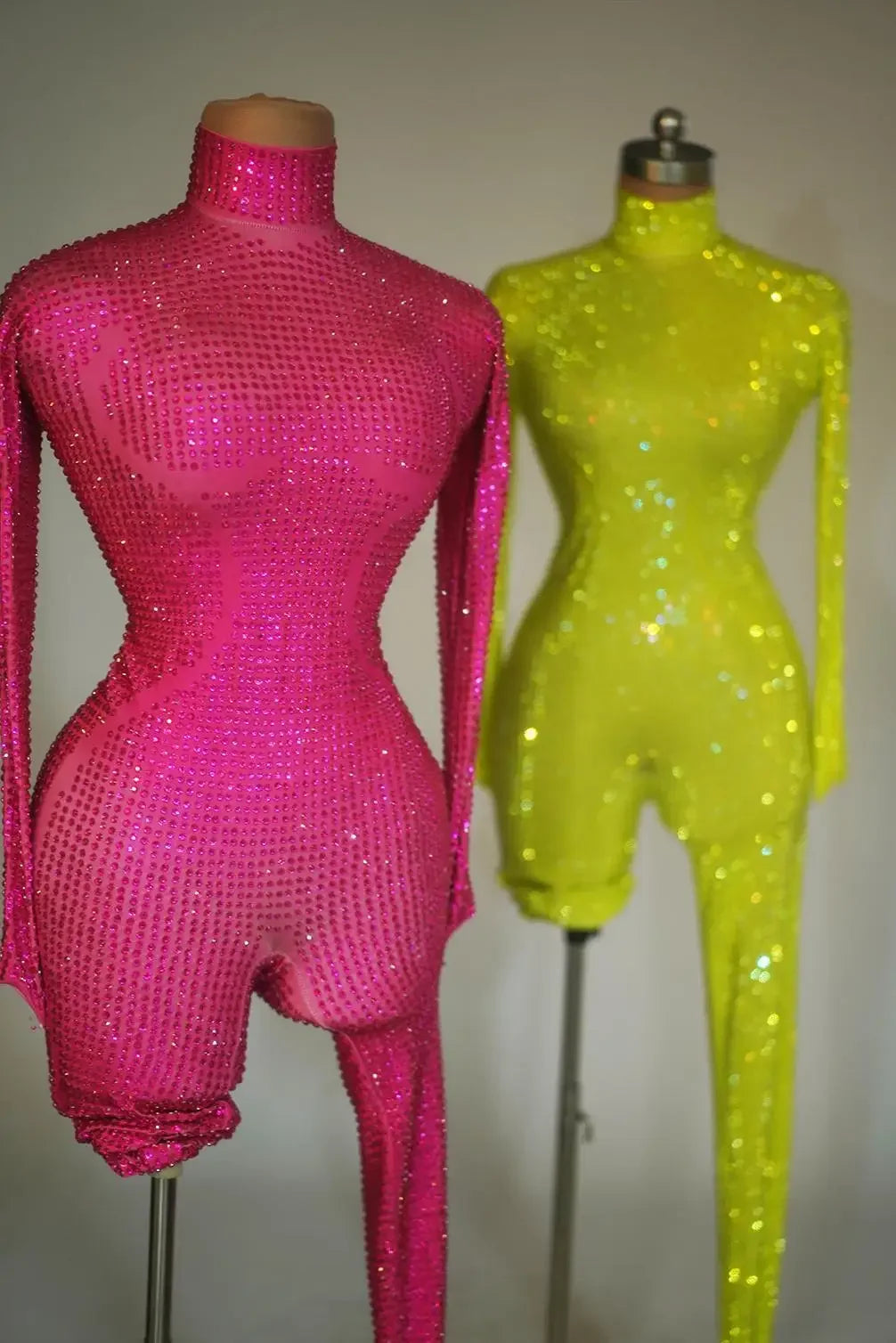 Feria Sparkly Long Sleeve Crystal Rompers Bodycon Bodysuits Stage Performance One Piece Jumpsuits