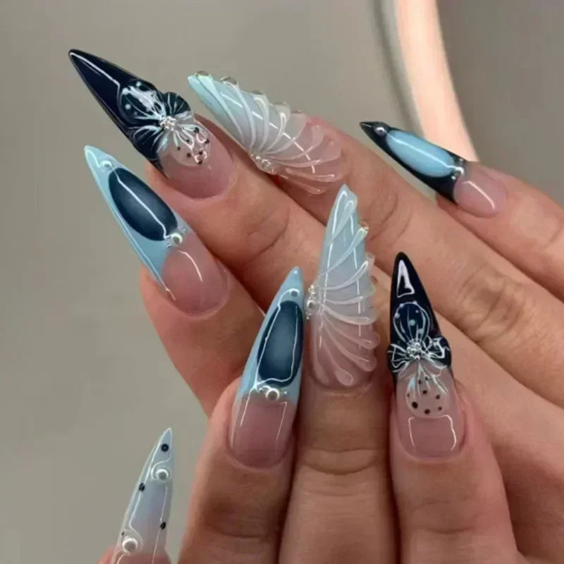 24Pc Long Stiletto Press on Nails Cherry Pink French False Nails with 3D Bow Pearls Design Detachable Acrylic Fake Nail Art Tips