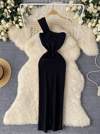 Single Shoulder Ink Knit Dress Backless Tank Striped Slim Bodycon Sundress Women Summer Beachwear Sexy Chic Vestidos