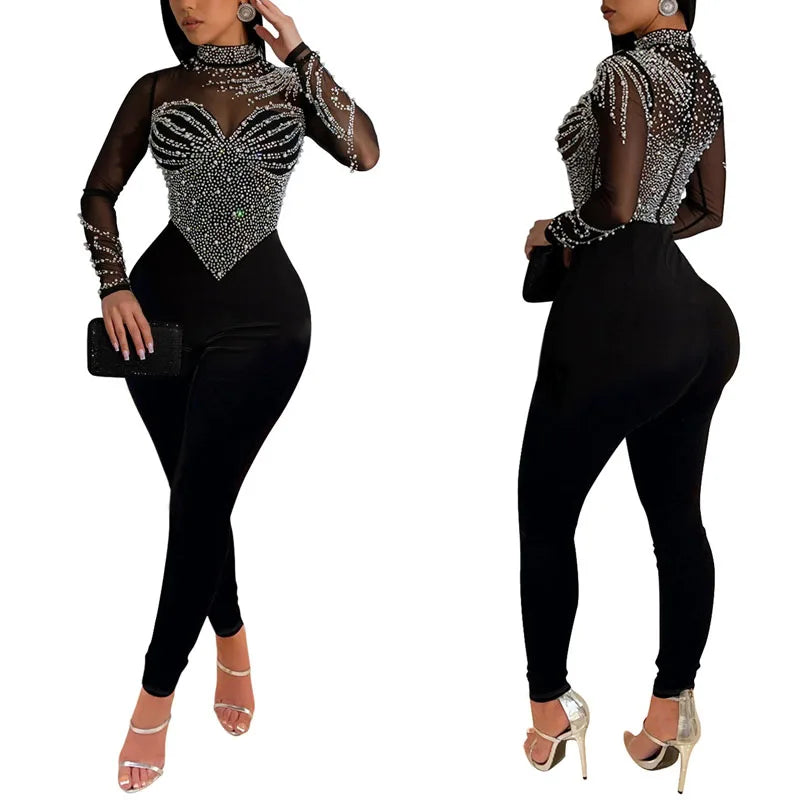 Colivia Long Sleeve Sheer Beads Rhinestone Skinny Jumpsuits