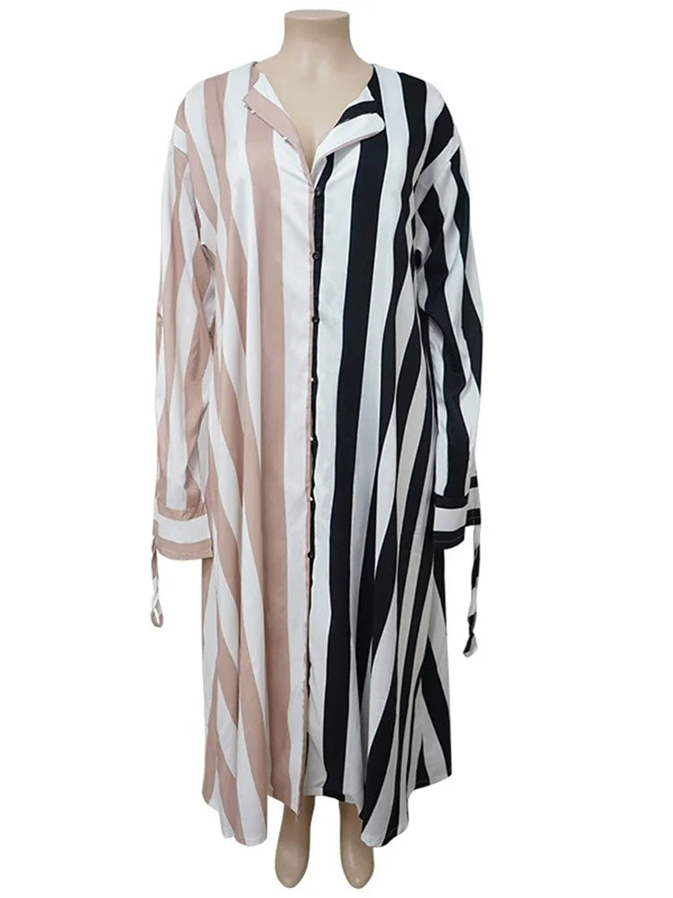 Kemi Striped Loose Button Long Sleeve Maxi Shirts Dress