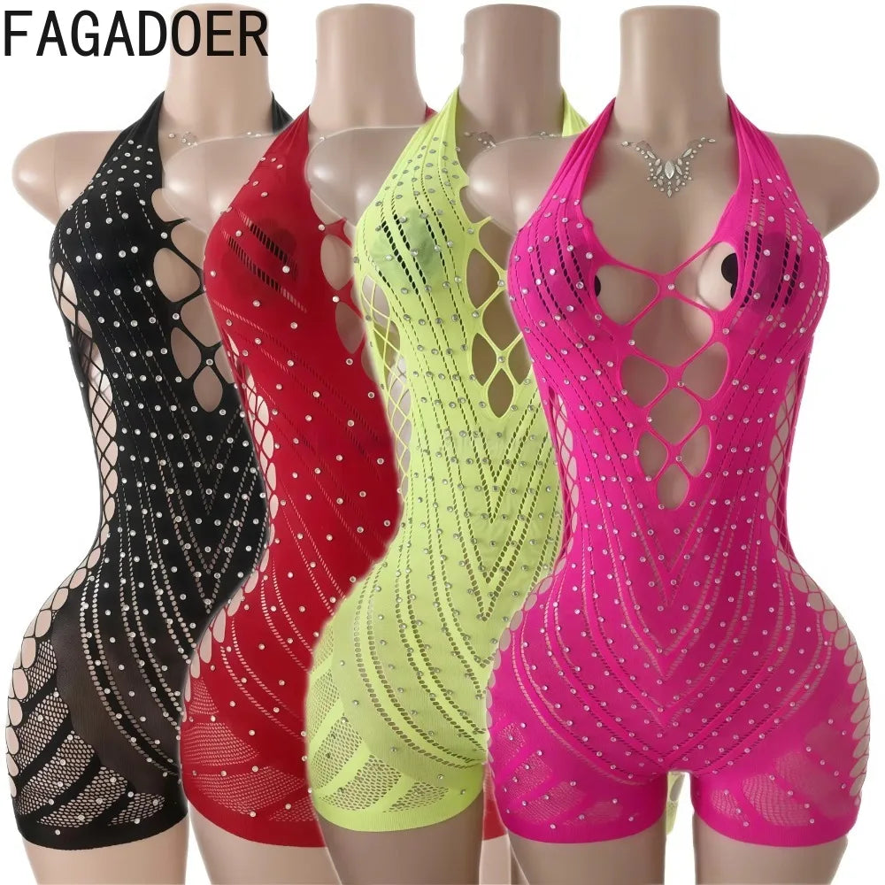 Hollow-out Rhinestone Patchwork Bodycon Halter Sleeveless Backless Lingerie