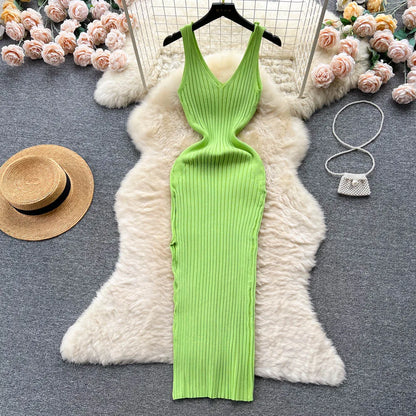 Chic Fashion Sexy Wrap Hips Split Knitted Slim Elastic Bodycon Maxi Dresses