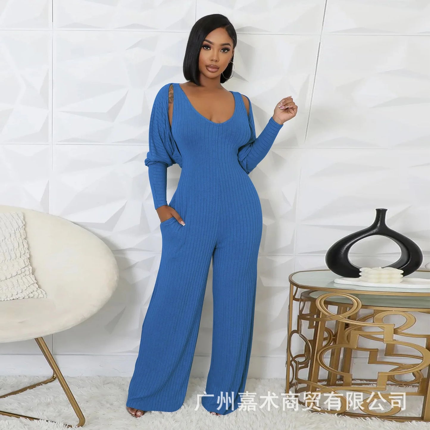 Trendy Solid Color Elastic Wide Leg Jumpsuits (2pcs.)