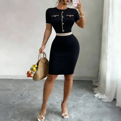 O Neck Stretchy Knit Contrast Trim Button Detail Bodycon Mini Dress
