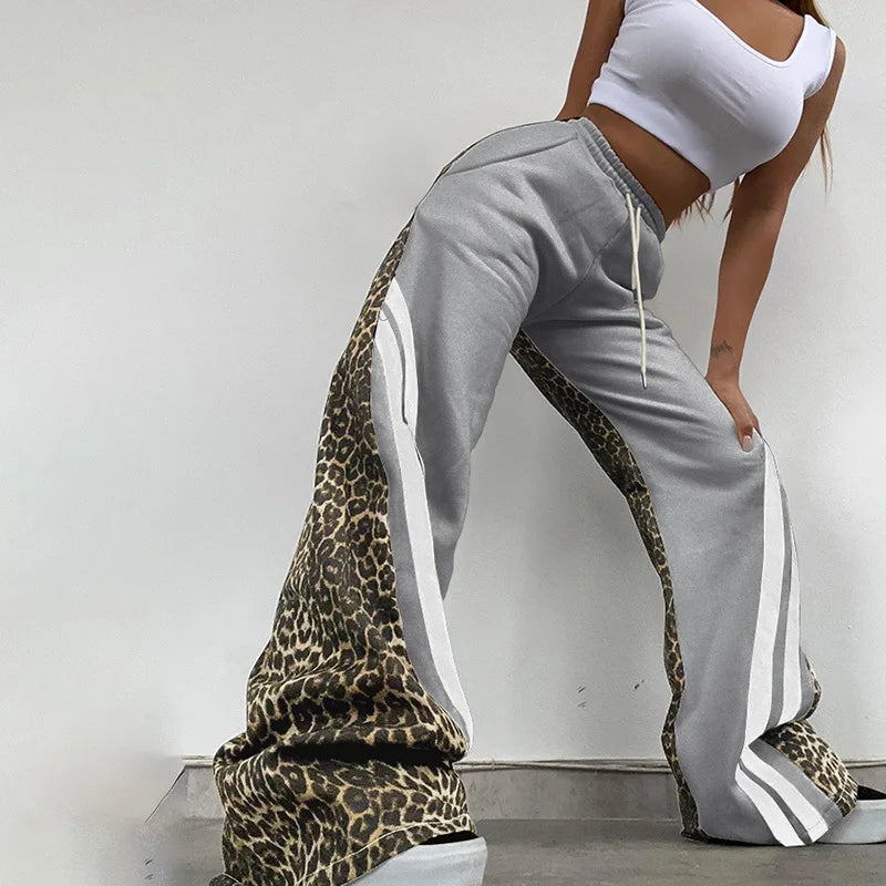 Sophie Leopard Printed Striped Wide Leg Sweatpants High Waisted Straight Trouser