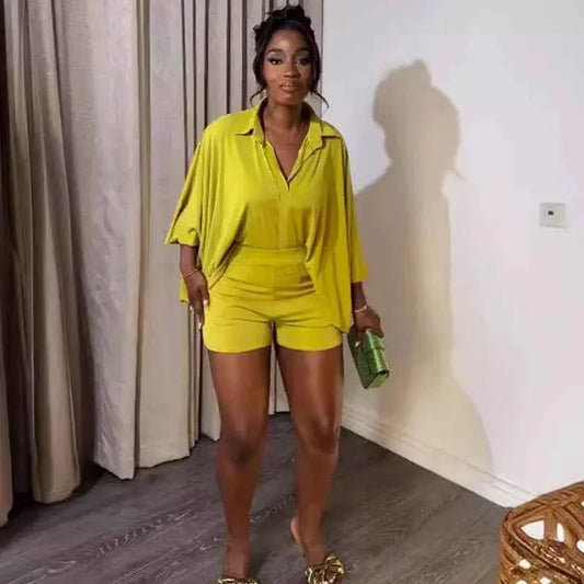 Solid Batwing Sleeve Loose Shirt Top + Shorts Casual Matching Sets