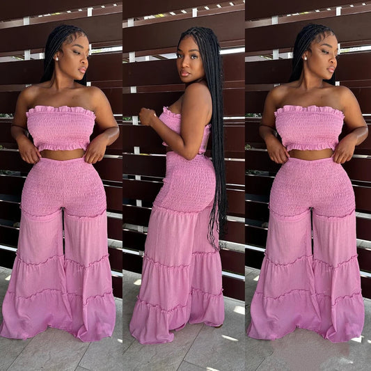 2pc Boho Ruffled Strapless Crop Tube Top + Wide Leg Pants Suit
