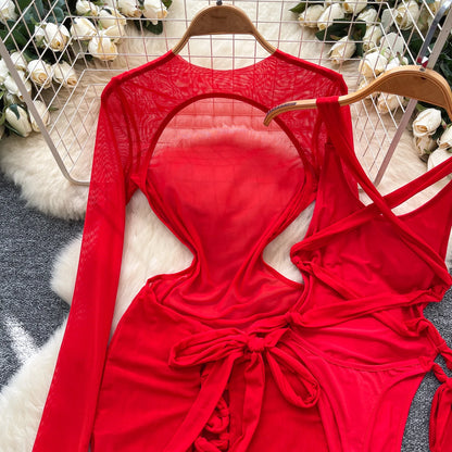 Split Swimwear Long Sleeves Hollow Out Mini Dress + Lace Up Bodysuits Sheer Vacation Bikini Sets