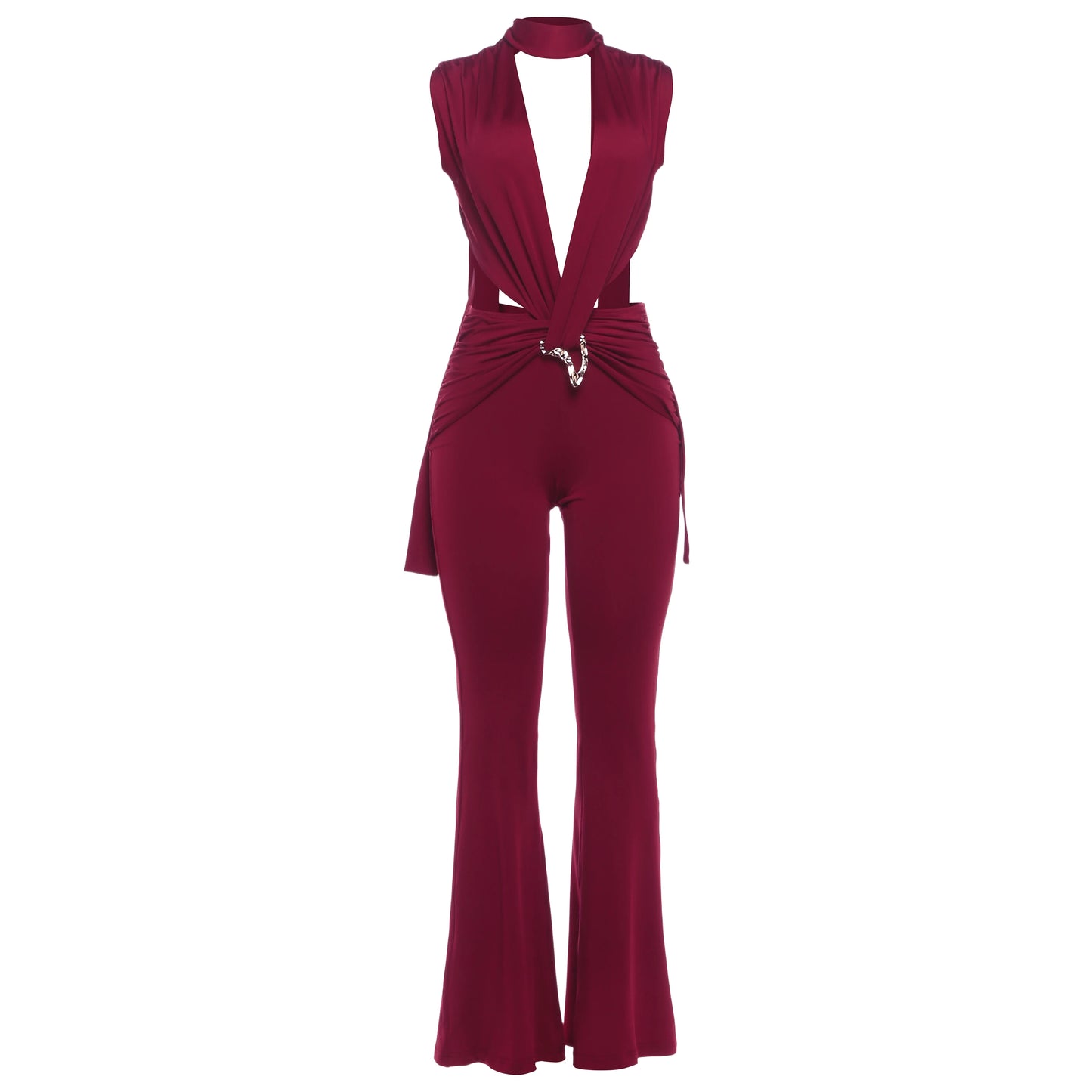 Deep V-Neck Metal Buckle Ruched Cross Bandage Jumpsuits