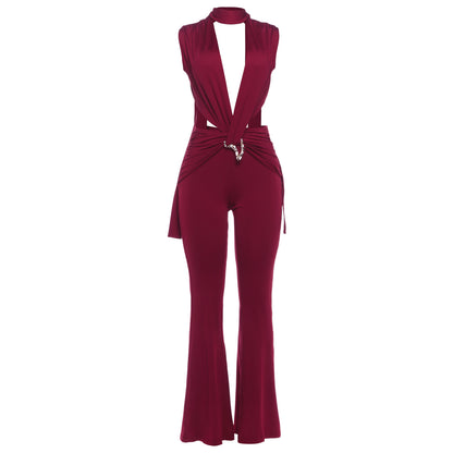 Deep V-Neck Metal Buckle Ruched Cross Bandage Jumpsuits