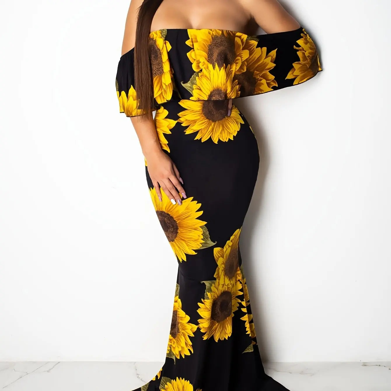 Rose Sunflower Floral Print Strapless  Bodycon Slash Neck Off Shoulder Short Sleeve Polyester Xtra Maxi Dress
