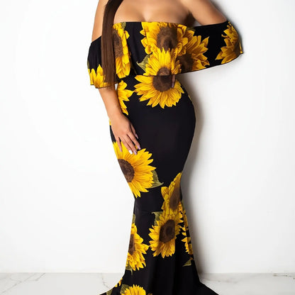 Rose Sunflower Floral Print Strapless  Bodycon Slash Neck Off Shoulder Short Sleeve Polyester Xtra Maxi Dress