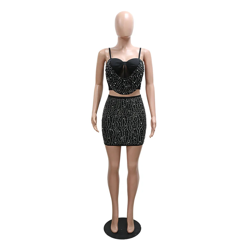 Sanaa Rhinestone Mini Dress Bodycon Night 2 Pieces Sets Outfits (Clubwear)