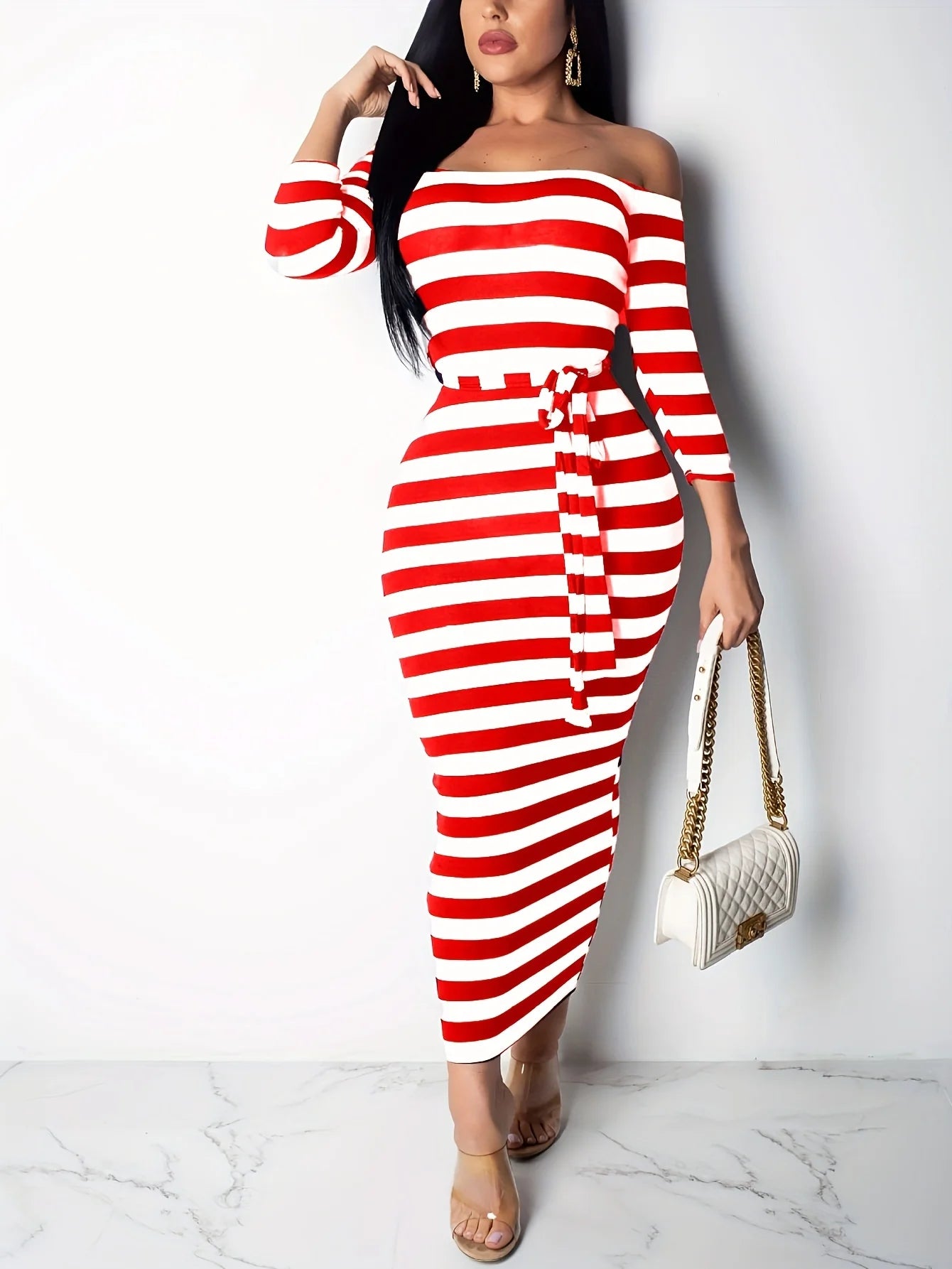 Stripe Slash Neck Three Quarter Pencil Dresses