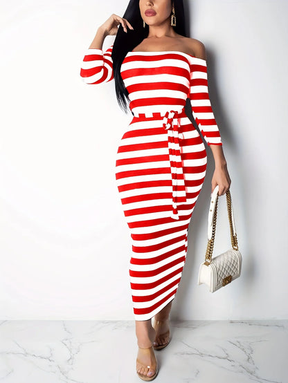Stripe Slash Neck Three Quarter Pencil Dresses