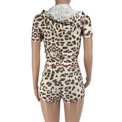 Leopard Short Sleeve Crop Top + Short Sets