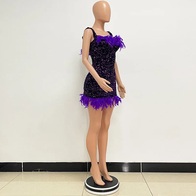 Short Sequins Halter Feathers Spicy Dresses