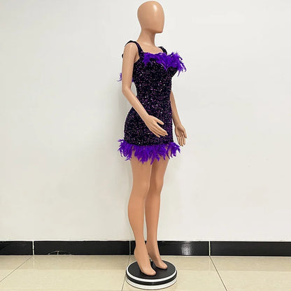 Short Sequins Halter Feathers Spicy Dresses