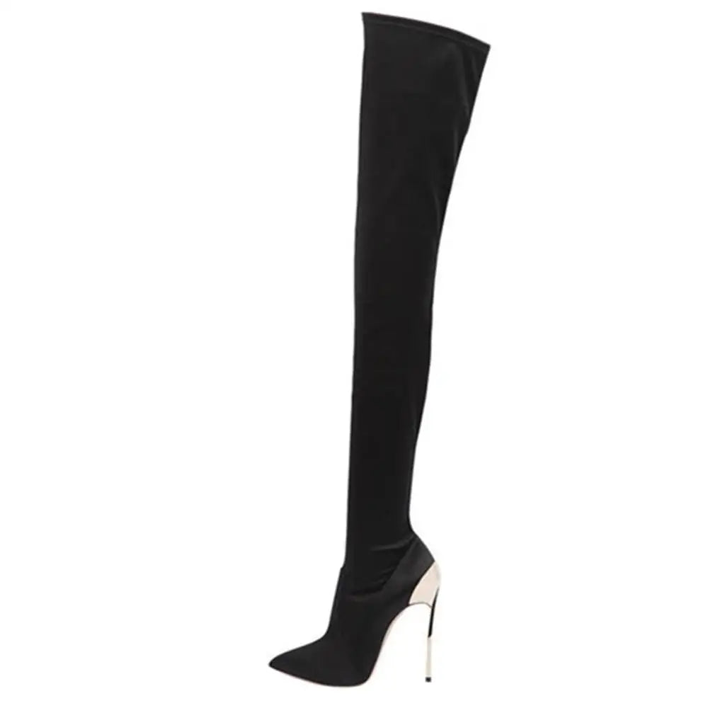 Aubrey Stretch Fabric Metal Thin Heels Over the Knee ee Boots