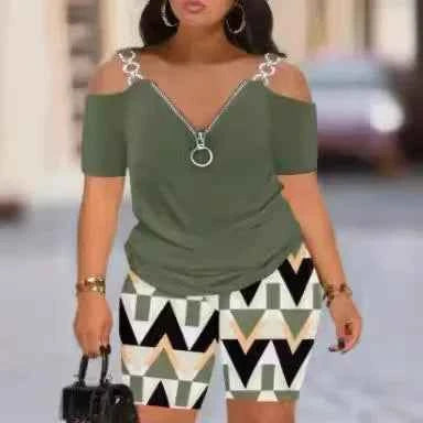 Metal Chain Off Shoulder Strap Tshirt + Short Sets