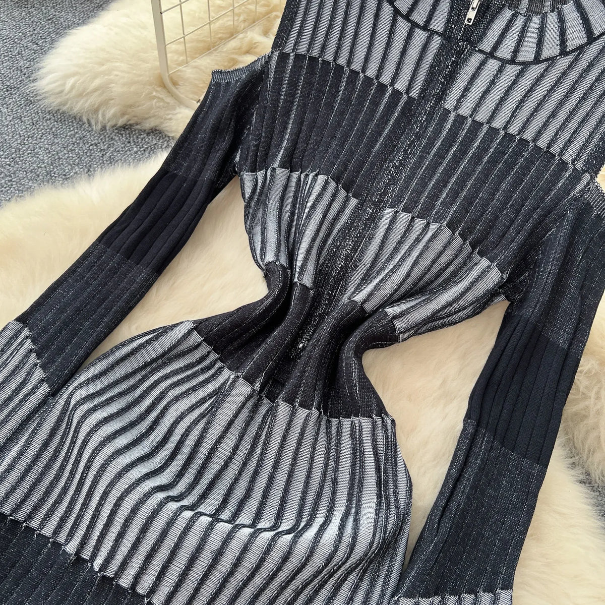 Cold Shoulder Long Sleeve Ribbed Knit Bodycon Midi Dress Elegant Fall Winter