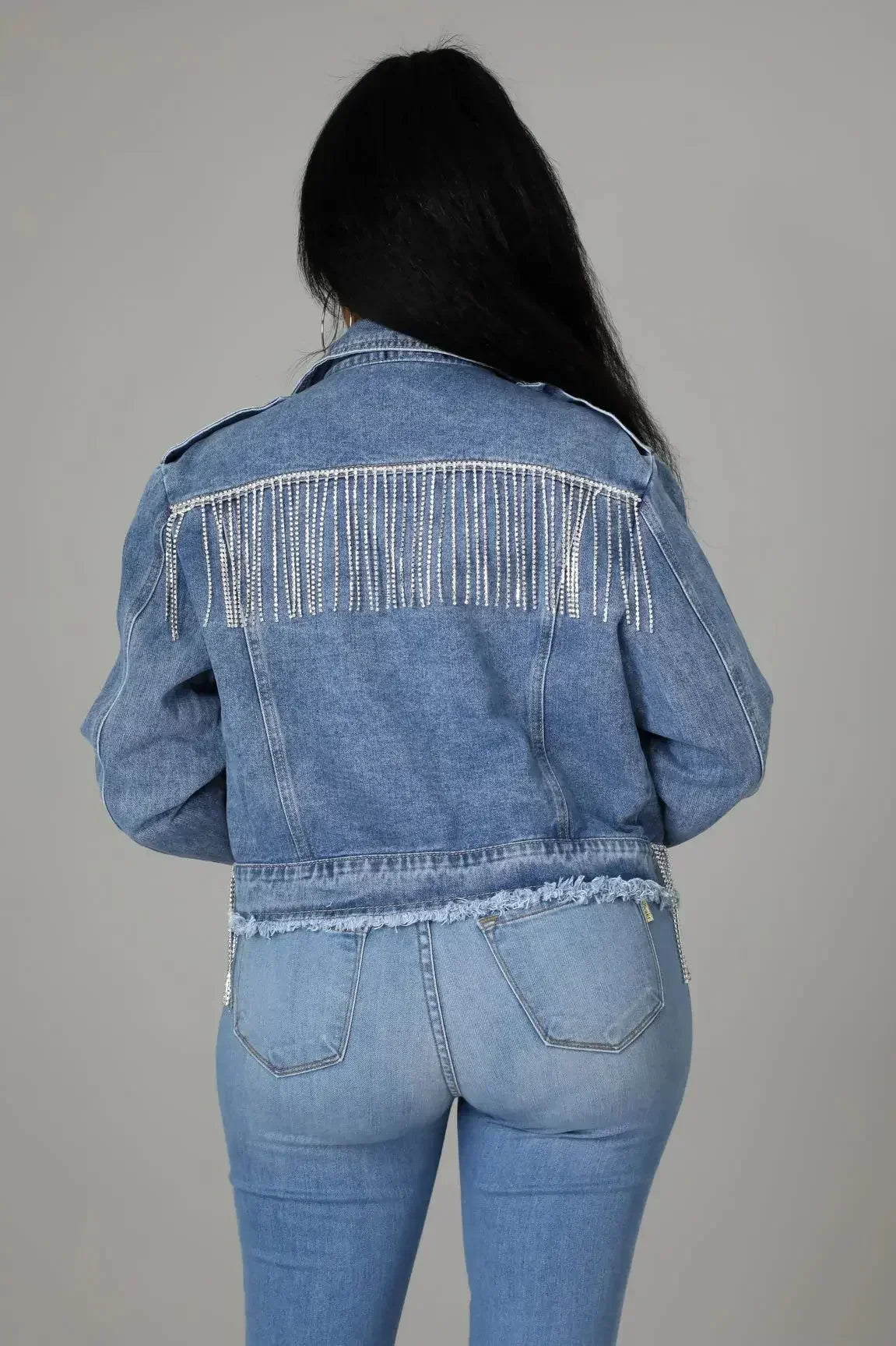 Fatima Crystal Tassel Splicing Long Sleeve Denim Jacket