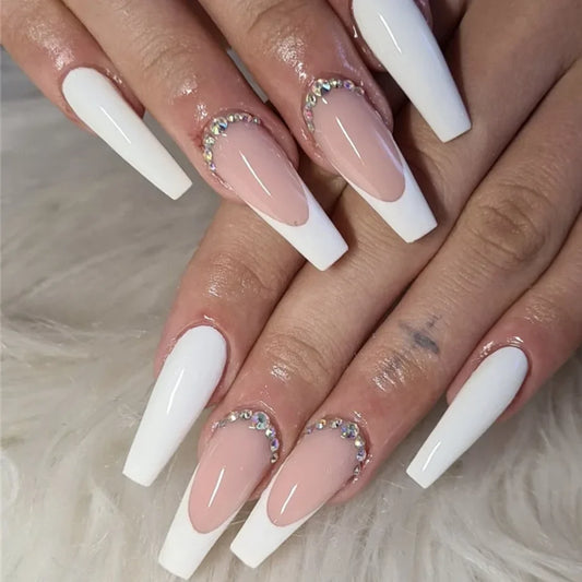24Pcs Simple White French Press on Nails with Glue Long Ballet False Nails Wearable Coffin Fake Nails Full Cover Nail Tips