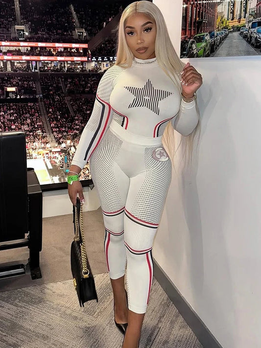 Stars Print 2 Piece Set Women Autumn o-Neck Full Sleeve Crop Tops+Leggings Matching Basic Streetwear Sporty Outfits