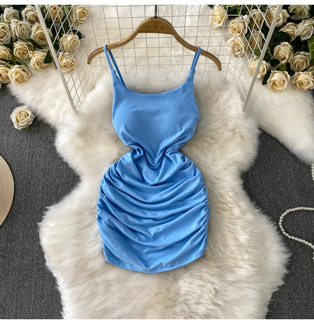 Spaghetti Strap Pleated Temperament Mini Dresses