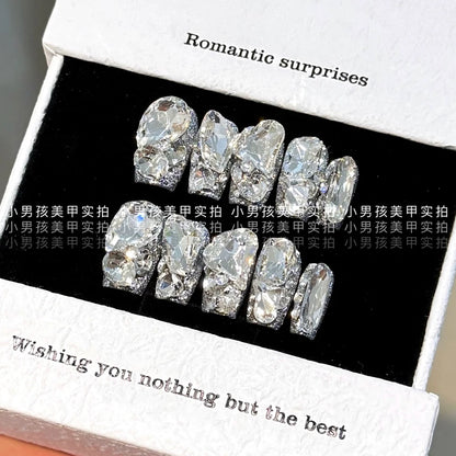 10Pcs Luxury Court Handmade Long Stiletto Full Cover Nails 3D Spice Girl Sparkling Diamond Bow Pearl Flowers Wearable Fake Nails