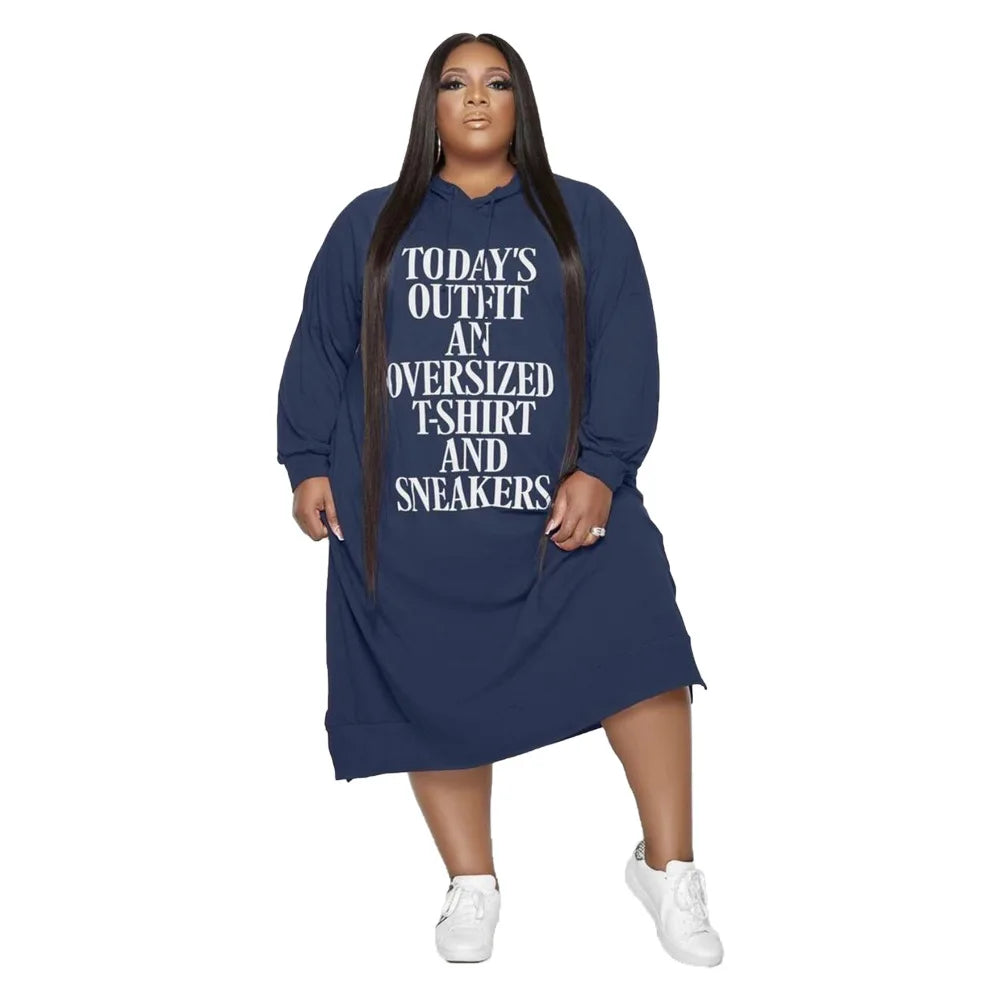 L-5xl Hoodies Letter Print Loose Dress Pockets Maxi Dresses