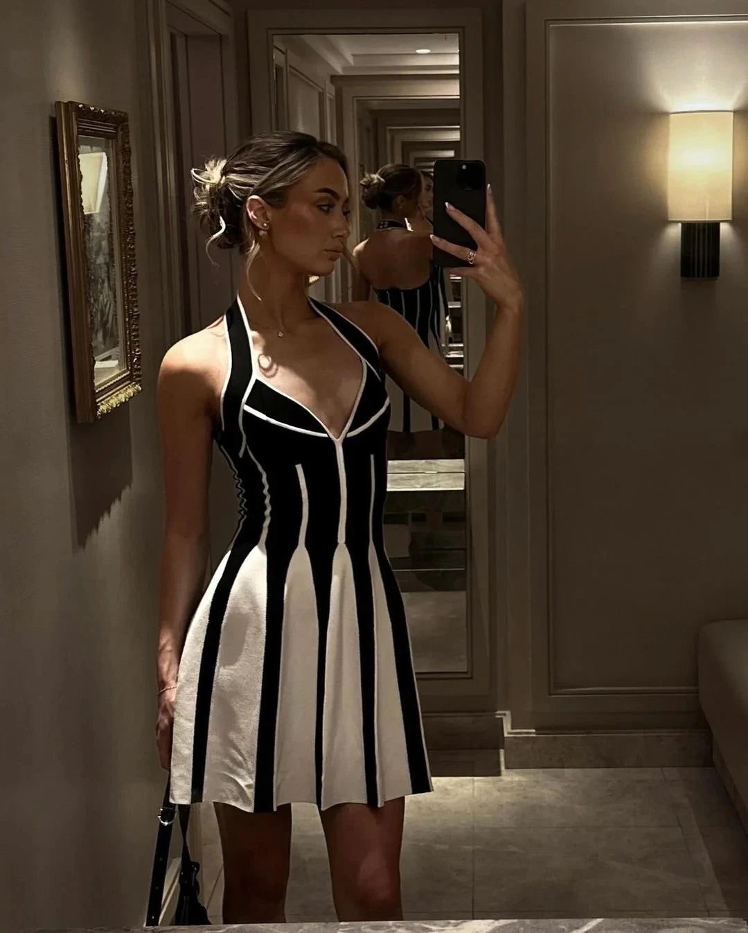 Celebrity Elegant Evening  Backless Black White Stripes Halter Bandage A Line Mini Dresses