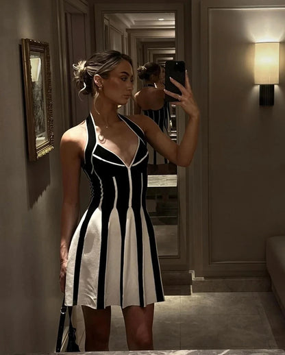 Celebrity Elegant Evening  Backless Black White Stripes Halter Bandage A Line Mini Dresses
