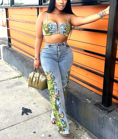 Denim Floral Printed Crop Top + Wide Leg Jeans Pant Sets