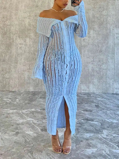 Pink Textured Off-Shoulder Knit Dresses with Front Split