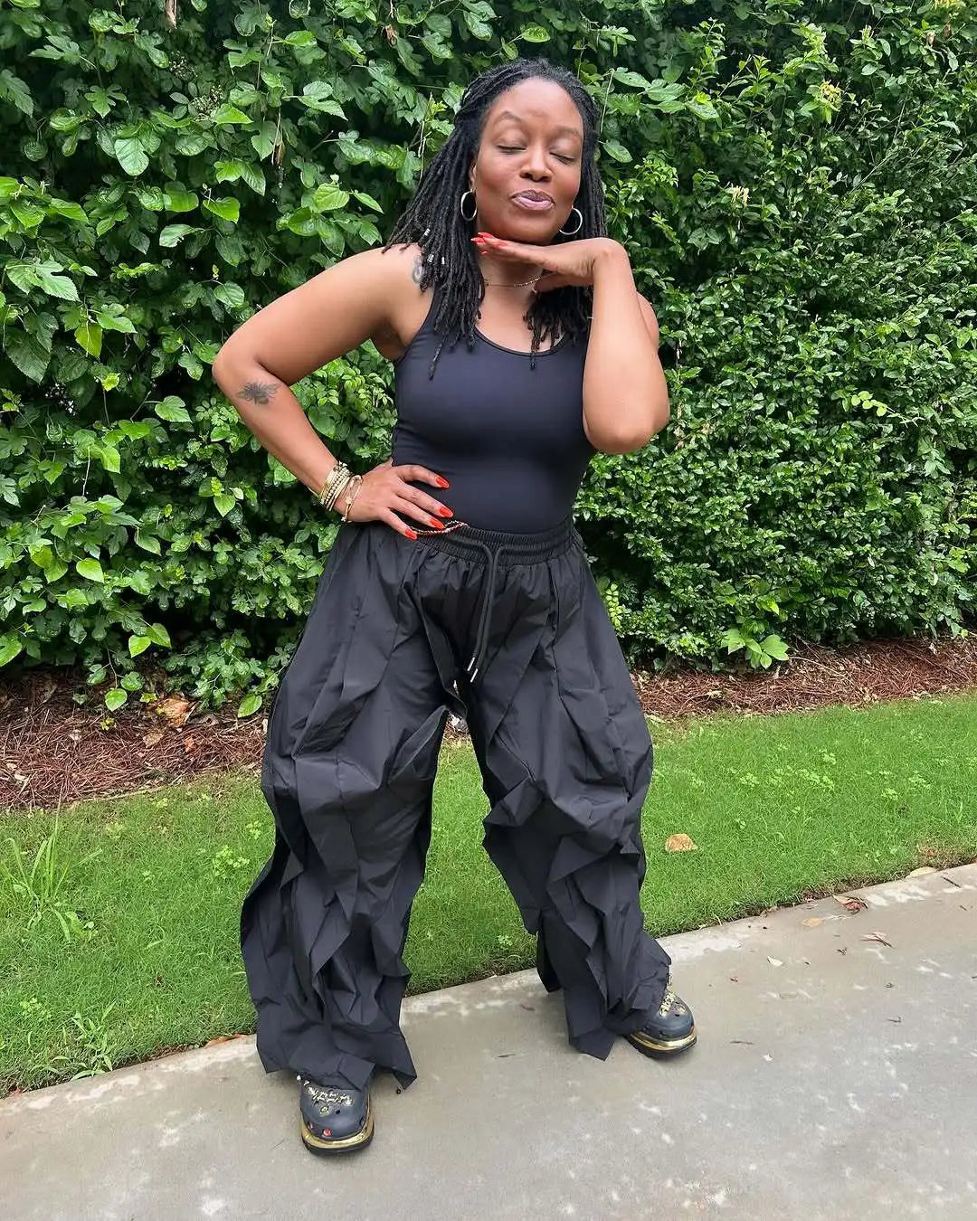 Ruched Lantern Sleeve Drawstring Patchwork Pants