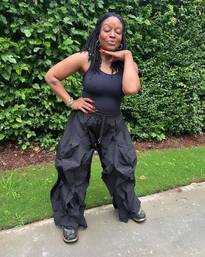 Ruched Lantern Sleeve Drawstring Patchwork Pants
