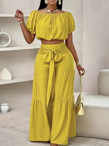 Puff Sleeve O Neck Tops + High Waist Wide Leg Pants (2 Pcs.)