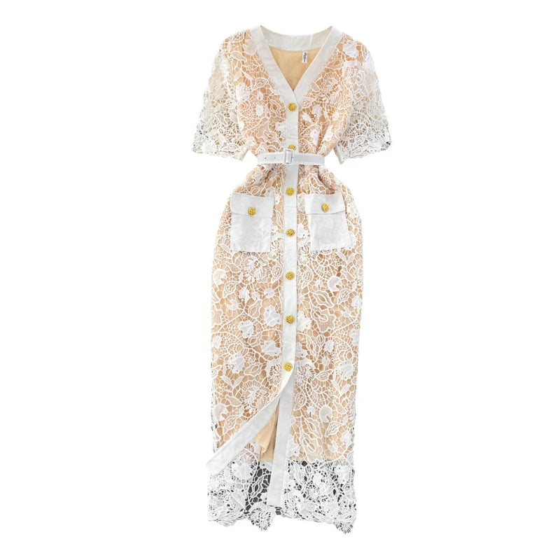 Floral Lace Dress V Neck High Waist Maxi Dresses