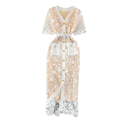 Floral Lace Dress V Neck High Waist Maxi Dresses