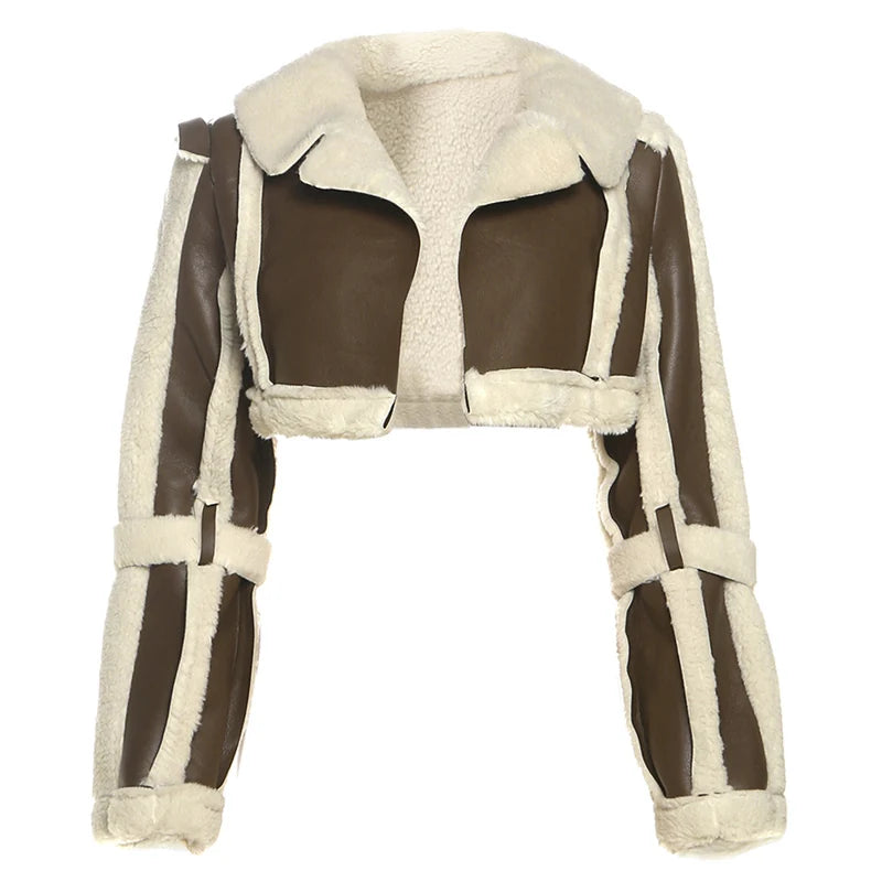 Furry Patchwork Women Crop Jacket Hipster Full Sleeve Open Stitch Hipster Streetwear Warm Outwear Basic Wild Coat