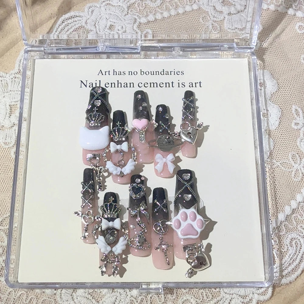 3D Handmade Long Coffin Stiletto Fake Nail Flowers Cat's Heart Diamond Metal Bow