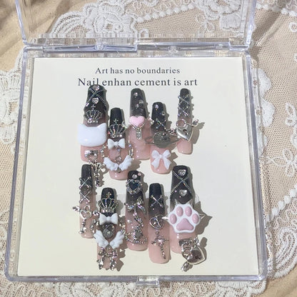 3D Handmade Long Coffin Stiletto Fake Nail Flowers Cat's Heart Diamond Metal Bow