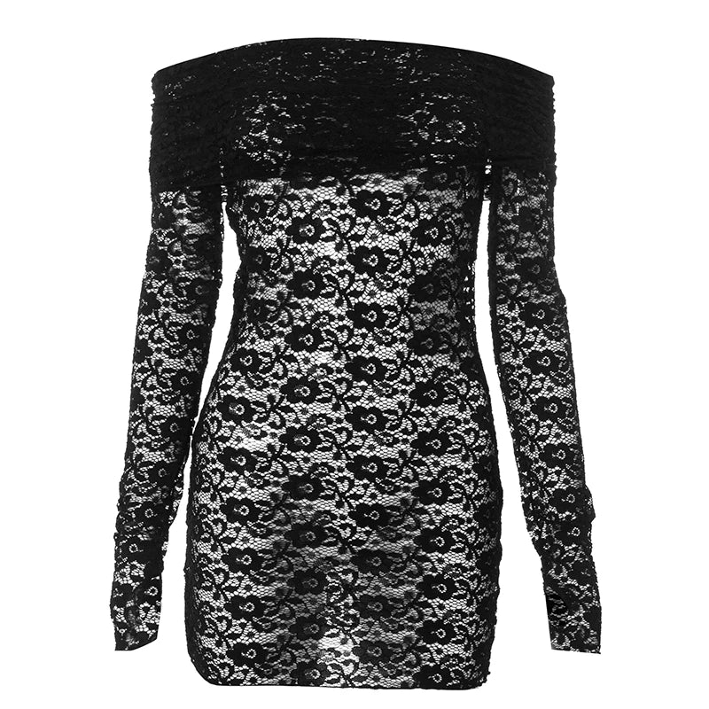 Khadija Hollow Mesh Patchwork Long Sleeve Slash Neck Mini Bodycon Dress