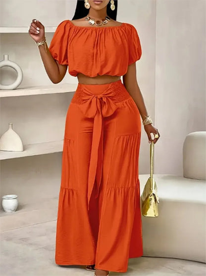 Puff Sleeve O Neck Tops + High Waist Wide Leg Pants (2 Pcs.)