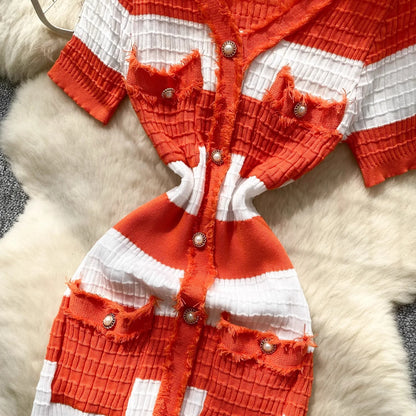 Chic Knitted Slim Waist Office Lady Sweater Maxi Dresses
