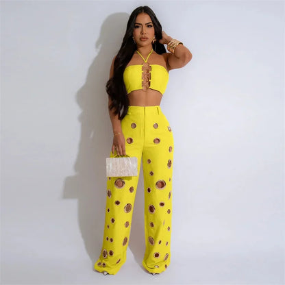 Festival Clothing Halter Crop Top + Pant Sets